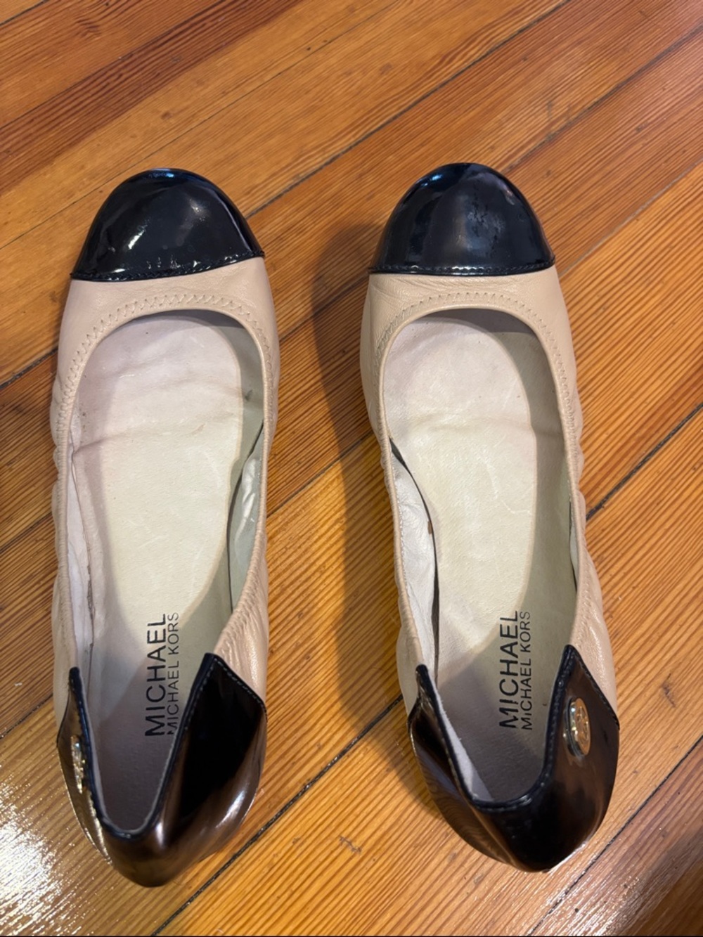 Michael Kors Beige and Black Cap-Toe Leather Ballet Flats